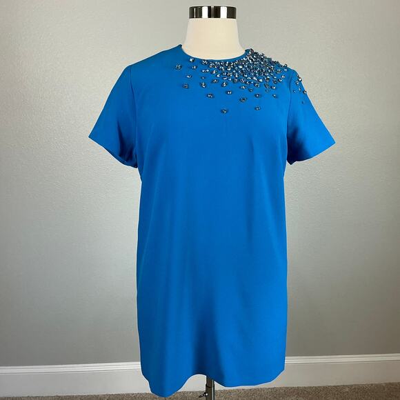 Sachin & Babi Cyrstal Beaded Short Sleeve Mini Shift Cocktail Dress Blue Size 14 - Picture 2 of 12